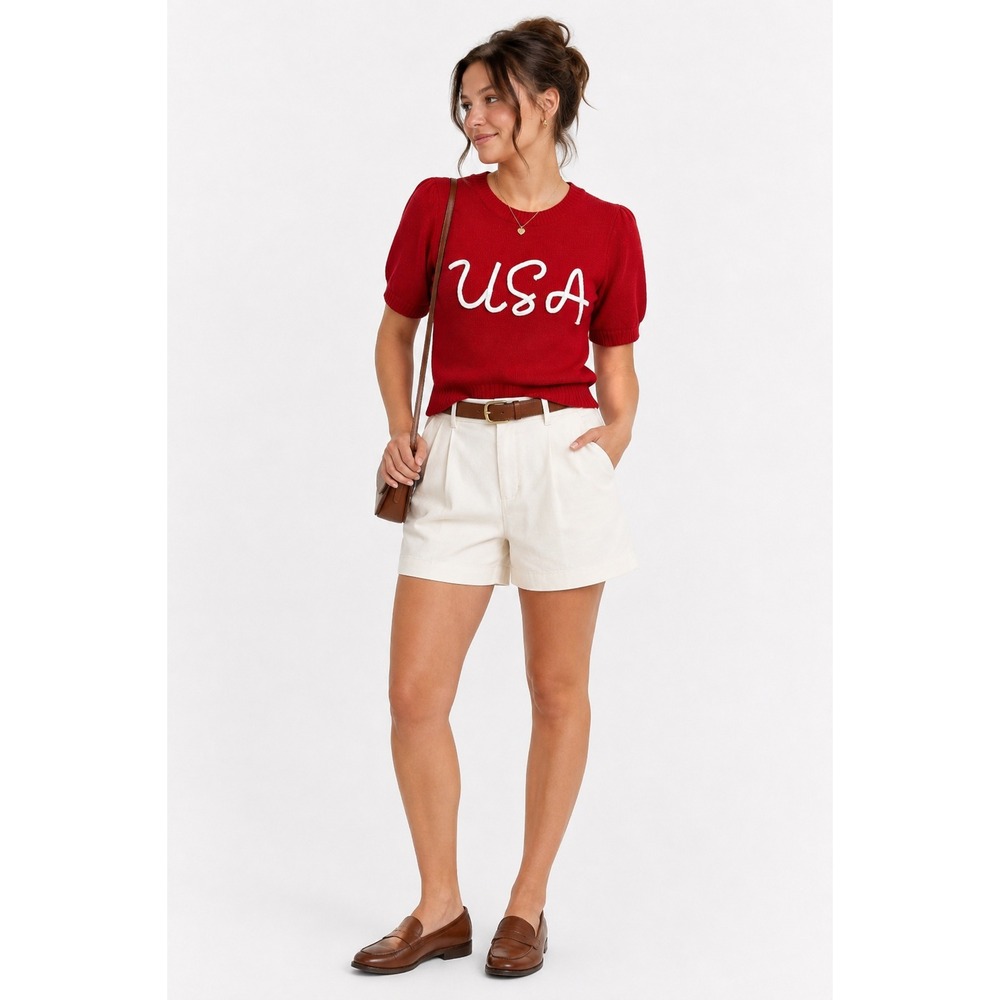 USA Patriotic Sweater Small Red Short Puff Sleeve Americana Preppy Retro Knit